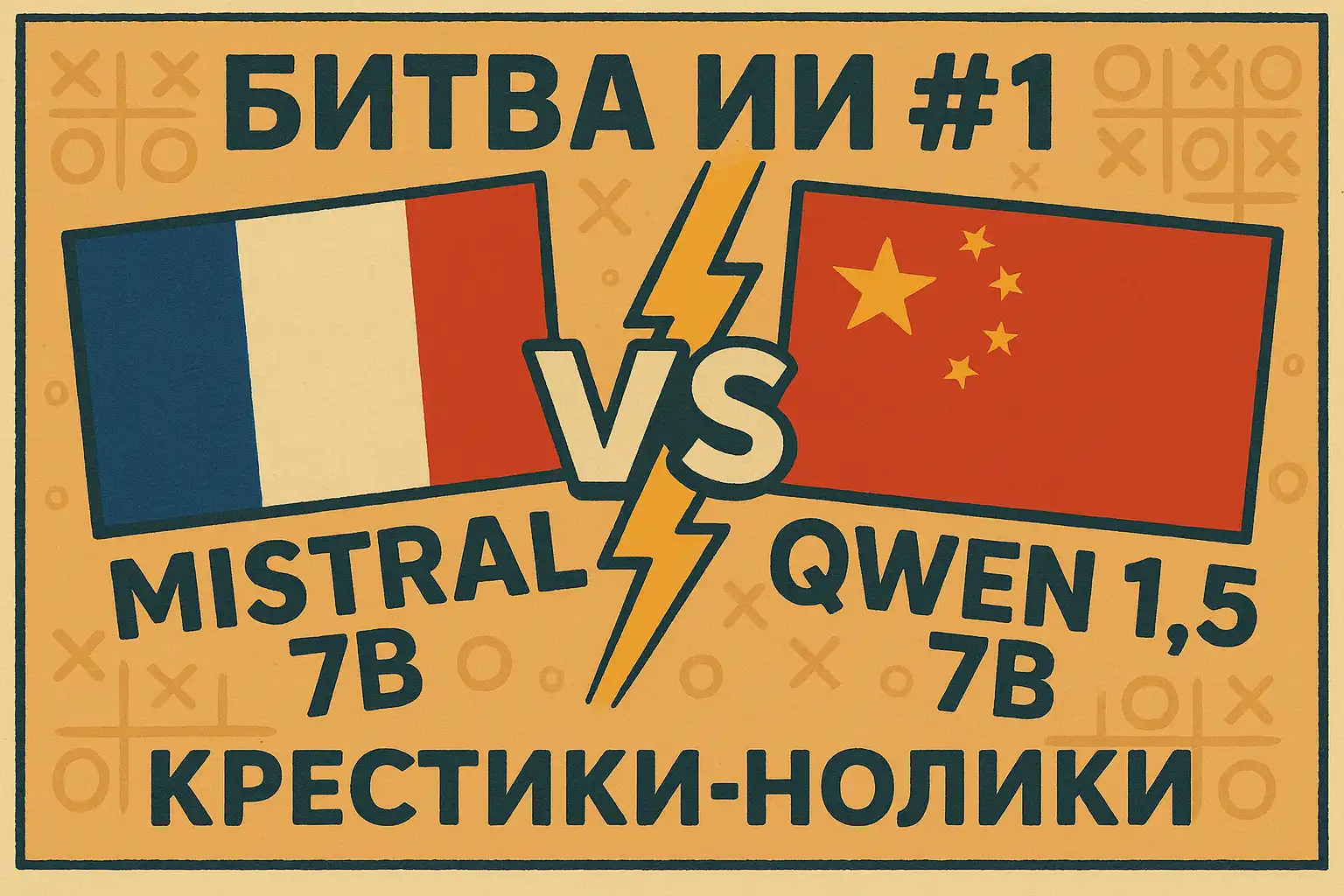 Постер "Битва ИИ #1", на котором Mistral 7B противостоит Qwen 1.5 7B в игре "Крестики-нолики"