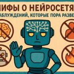 Мифы о нейросетях: иллюстрация с роботом, который развенчивает 5 главных заблуждений об искусственном интеллекте.