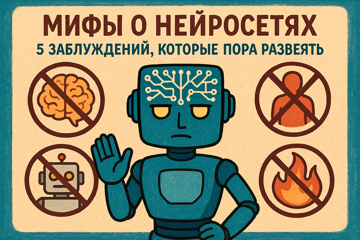 Мифы о нейросетях: иллюстрация с роботом, который развенчивает 5 главных заблуждений об искусственном интеллекте.