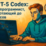 Изображение демонстрирует человека, сидящего за столом с ноутбуком и монитором, на котором виден код. Он одет в худи. На стене позади него висит циферблат часов. В левом верхнем углу изображения присутствует текст "GPT-5 Codex: ИИ-программист, работающий до 7 часов". Стиль изображения напоминает масляную живопись с яркими оранжевыми и синими оттенками.