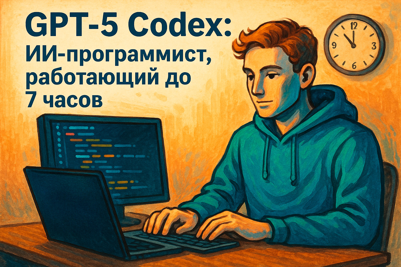 Изображение демонстрирует человека, сидящего за столом с ноутбуком и монитором, на котором виден код. Он одет в худи. На стене позади него висит циферблат часов. В левом верхнем углу изображения присутствует текст "GPT-5 Codex: ИИ-программист, работающий до 7 часов". Стиль изображения напоминает масляную живопись с яркими оранжевыми и синими оттенками.