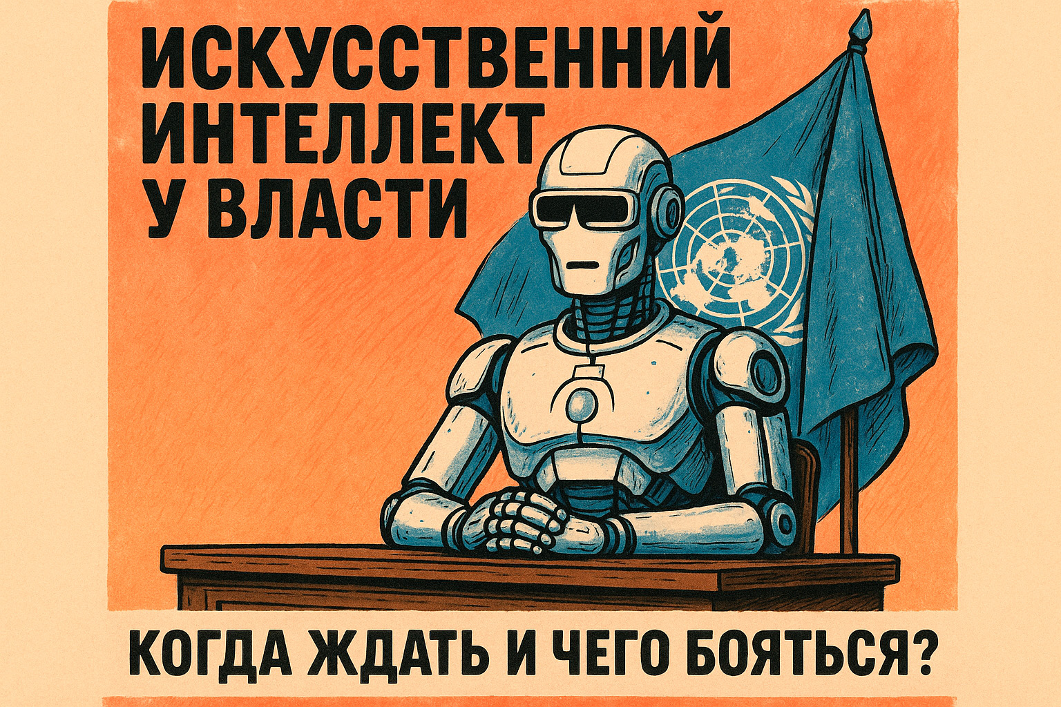 Робот-президент сидит на фоне флага ООН, символизируя искусственный интеллект у власти.
