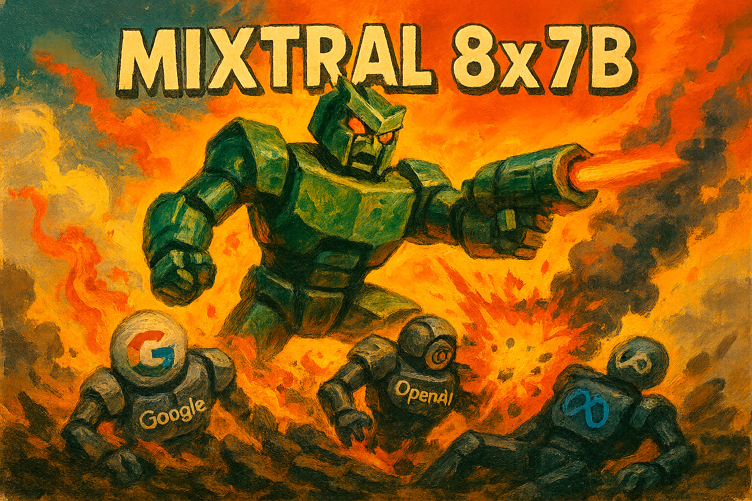 Иллюстрация, где модель Mixtral 8x7B доминирует над логотипами конкурентов Google, OpenAI и Meta.