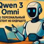 Изображение персонального ассистента Qwen 3 Omni. Бело-синий робот в дружелюбной позе указывает на экран ноутбука. На заднем плане текст: 'Ваш персональный ассистент из будущего'.