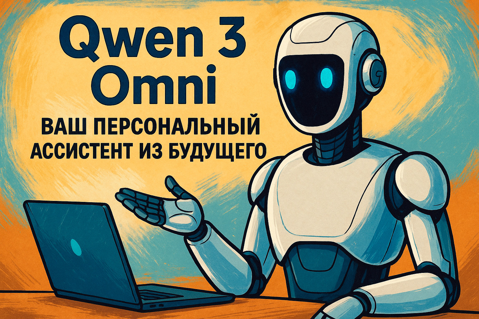 Изображение персонального ассистента Qwen 3 Omni. Бело-синий робот в дружелюбной позе указывает на экран ноутбука. На заднем плане текст: 'Ваш персональный ассистент из будущего'.