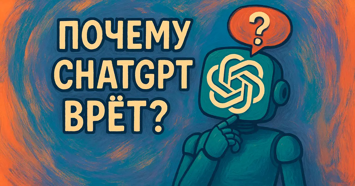 Иллюстрация с надписью "Почему ChatGPT врёт?" и задумчивым роботом, у которого вместо лица логотип Open AI