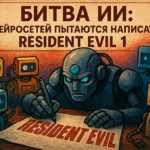 Обложка статьи 'Битва ИИ': шесть роботов-нейросетей сидят за столом и пытаются написать игру Resident Evil 1
