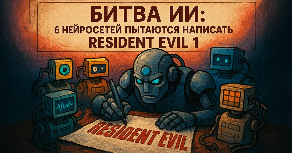 Обложка статьи 'Битва ИИ': шесть роботов-нейросетей сидят за столом и пытаются написать игру Resident Evil 1