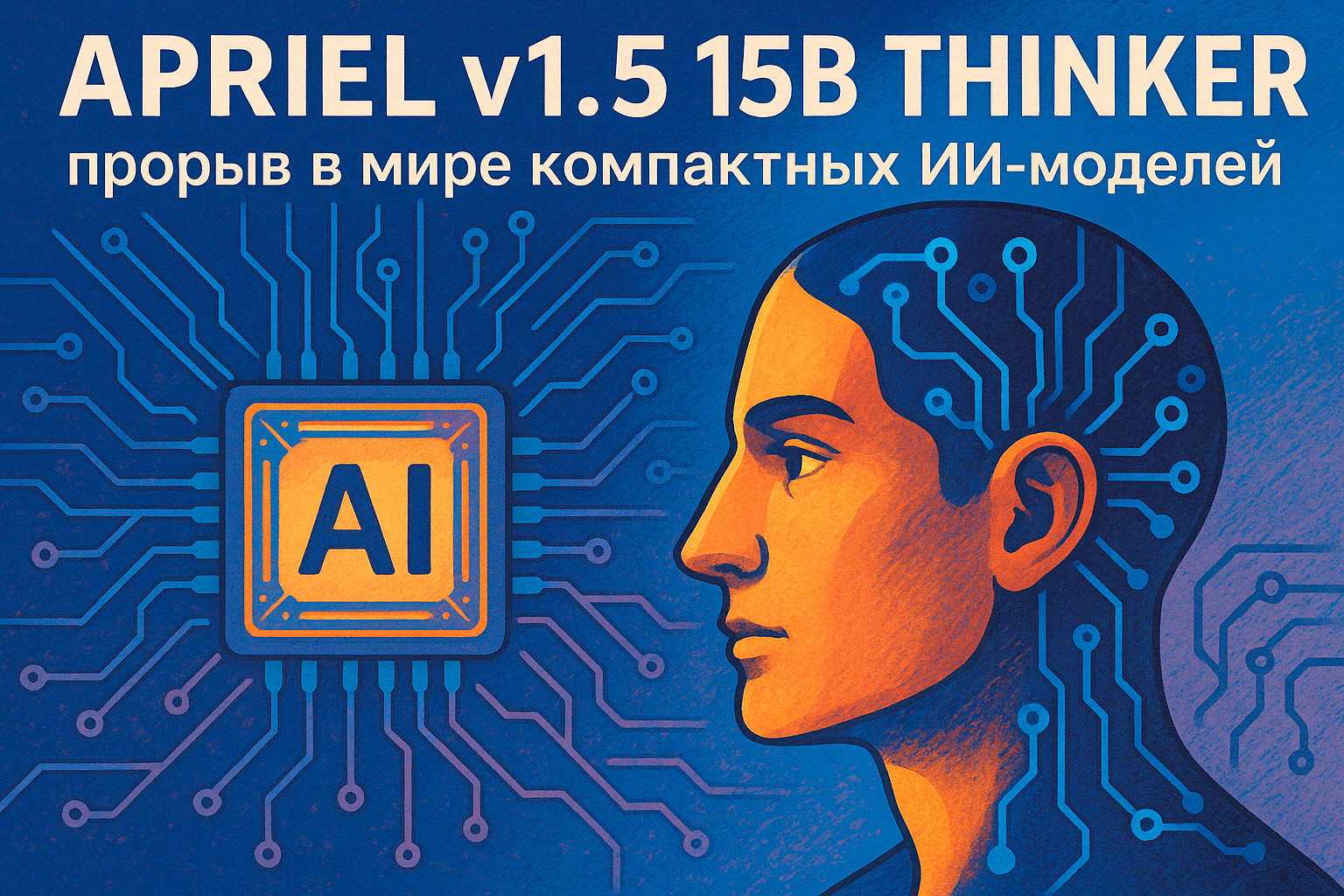 Иллюстрация ИИ-модели Apriel v1.5 15B Thinker: силуэт головы человека с цифровыми схемами и AI-чип на синем фоне